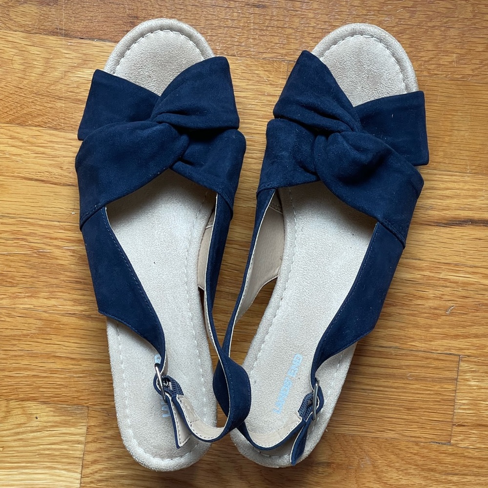 Lands’ End Women’s Suede Slingback Wedge Sandals Radiant Navy Size 10